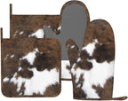 Cow Print Oven Mitts and Pot Holders Set of 4 Silicone Brown Cowhide Kitchen by BOKEKANG