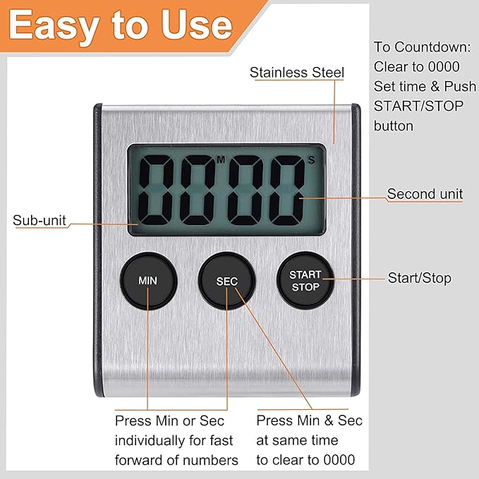 4 Pack Digital Kitchen Timer Magnet, Stainless Steel Cooking Timers - Image 3