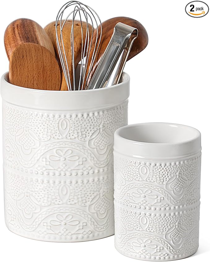 FUN ELEMENTS Kitchen Utensil Holder, 7.2+5.5" Super Large Utensil Crock Heavy by IntoYourHouseOntoYourTable