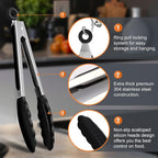 2 Pack Black Premium Stainless Steel Heat Resistant Kitchen Tongs - Image 6