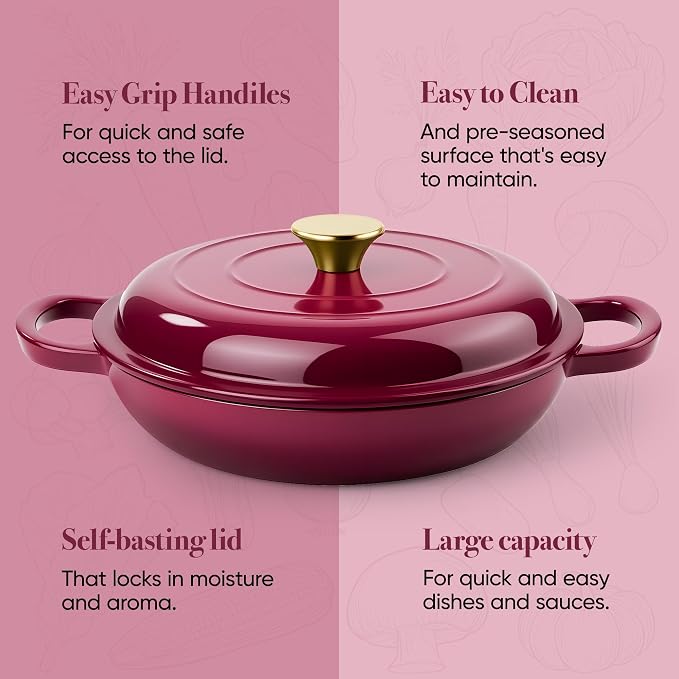 Vintage Style 3 Quart Enameled Cast Iron Braiser, Non Stick Enameled Cast Iron - Image 7