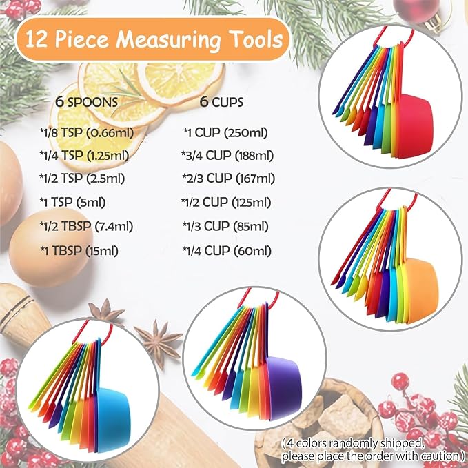 12 Piece Measuring Cups and Spoons Set, Colored Kitchen Measure Tools, Durable - Image 3