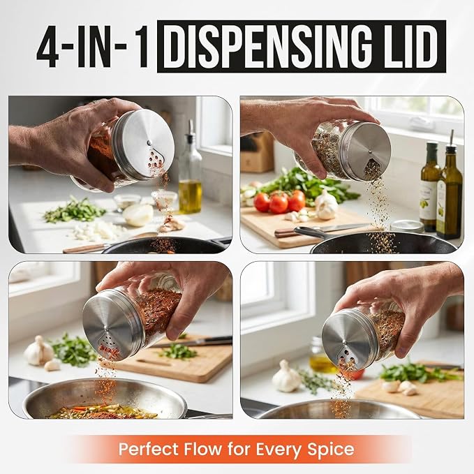 Mason Jar Spice Shaker Lids Stainless Steel – 6 Pack Adjustable Spice Lids - Image 3