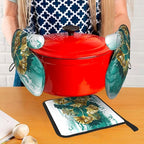 Teal Gold Green Leaves Oven Mitts and Pot Holders Set Heat Resistant Non Slip - Image 7