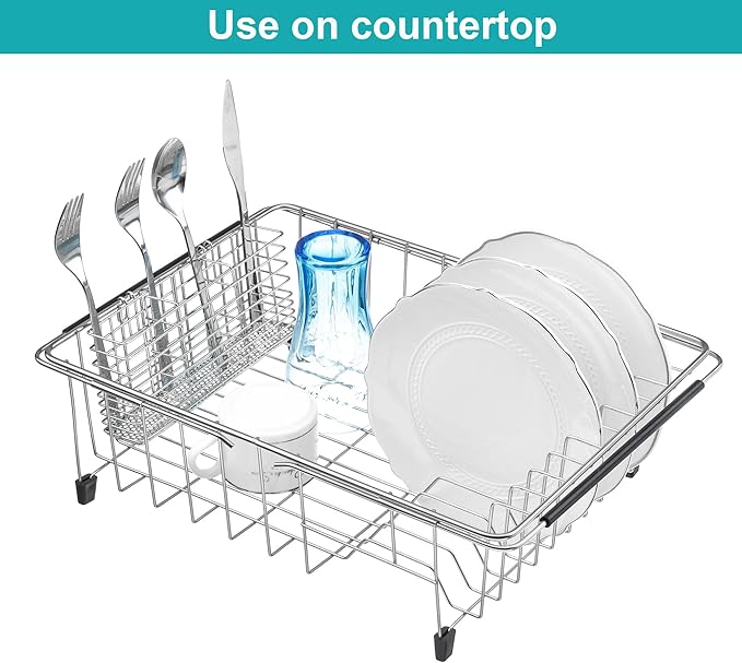 iPEGTOP Expandable Dish Drying Rack Over Sink, Rustproof Stainless Steel Basket - Image 3