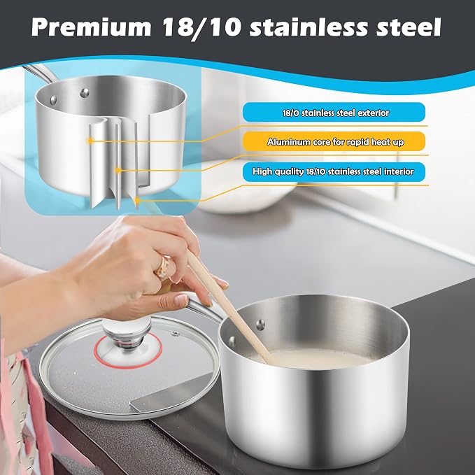 E-far 3-Quart Saucepan, Tri-Ply Stainless Steel Sauce Pan - Image 4