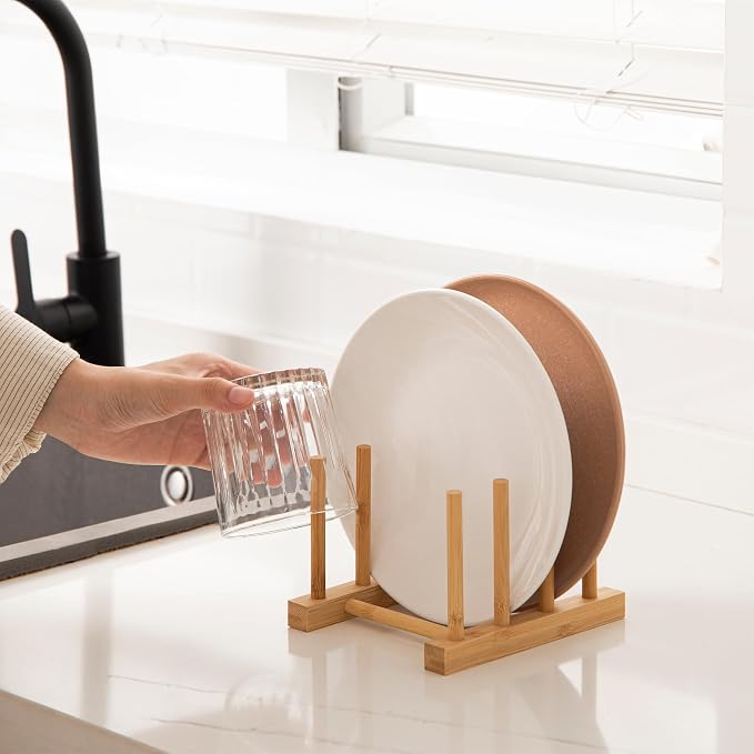 HBlife 2pcs Bamboo Dish Plate Bowl Cup Book Pot Lid Cutting Board Drying Rack - Image 3