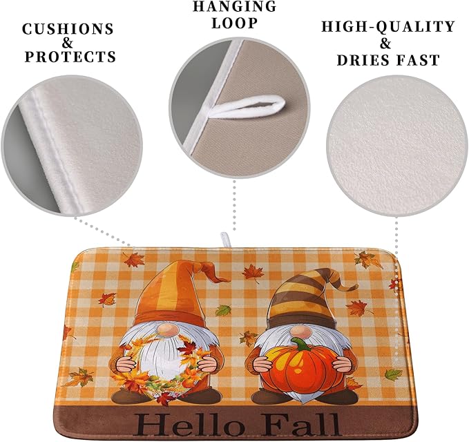Hello Fall Autumn Gnomes Dish Drying Mat 18x24 Thanksgiving Pumpkin Maple - Image 3