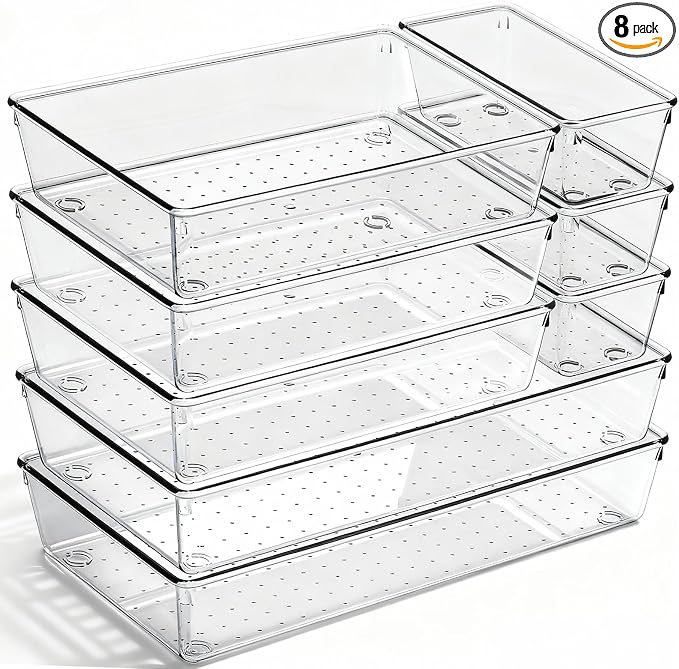 8 Pack Large Clear Plastic Drawer Organizer Bins by CHOWAY