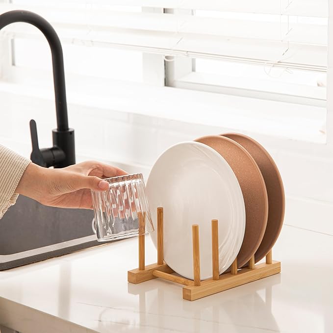 HBlife 2pcs Bamboo Dish Plate Bowl Cup Book Pot Lid Cutting Board Drying Rack - Image 3