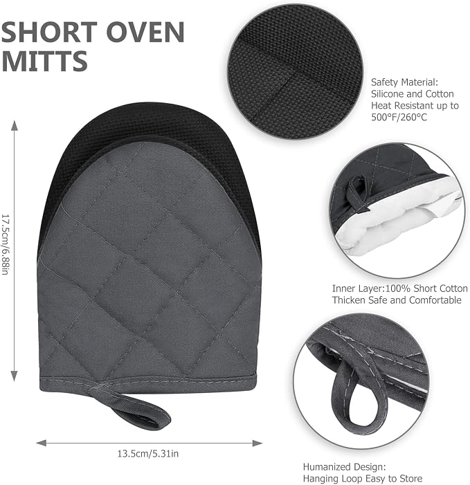 Short Oven Mitts, Heat Resistant 500°F, Silicone Grip Kitchen Gloves, Non-Slip - Image 2