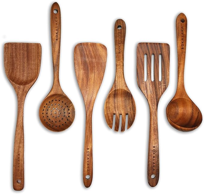 GreyWooden Kitchen Utensil Set, 100% Natural Teak Wooden Spatula by BOKALAKA
