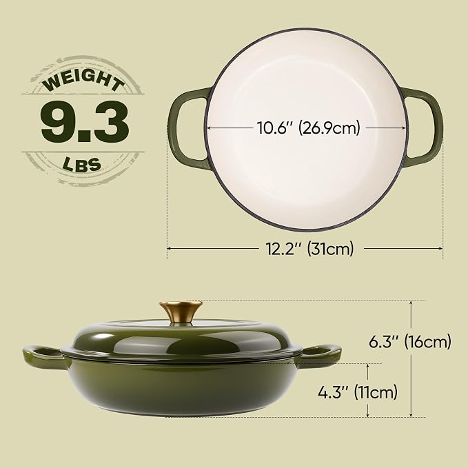 3 Quart Enameled Cast Iron Braiser, Non Stick Enameled Cast Iron Skillet - Image 3