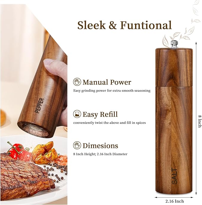 XWXO 2 Pack Acacia Wooden Salt and Pepper Grinder Set 8 Inches Refillable Salt - Image 2