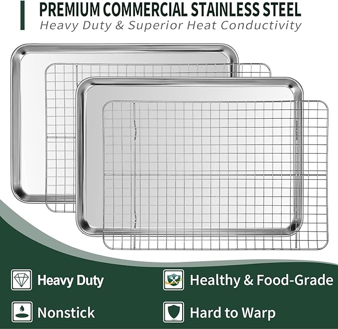 Half Sheet Pans with Rack Set, CEKEE Stainless Half Size Large Baking Sheets - Image 3