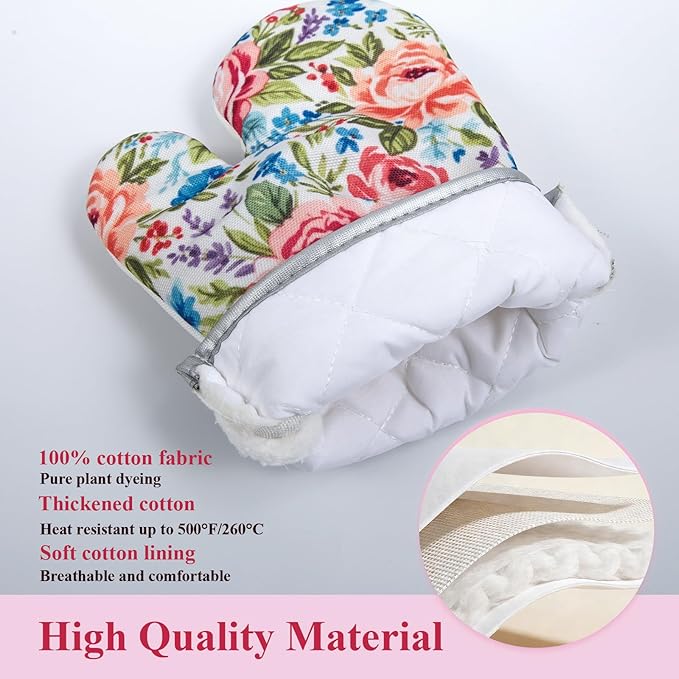 Floral Oven Mitts and Pot Holders Sets 2 Pcs, Canvas Heat Resistant Kitchen - Image 2