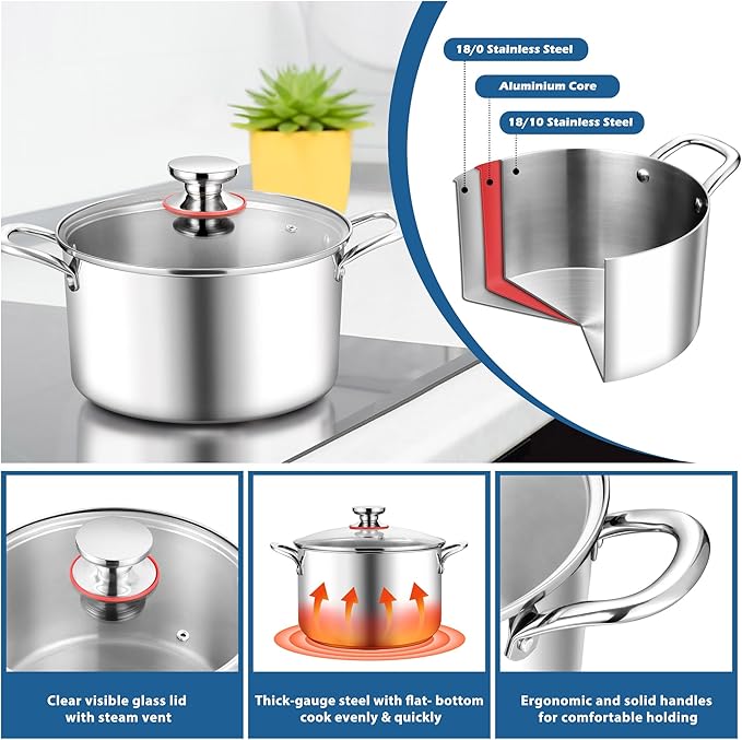 E-far 6 Quart Stock Pot, Tri-Ply Stainless Steel Cooking Pot - Image 3