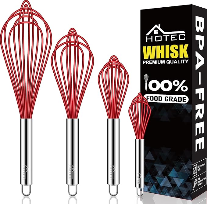 HOTEC 4 Pieces Silicone Whisks Set, Wire Balloon Whisks Egg Beater, Non-slip by Hotec