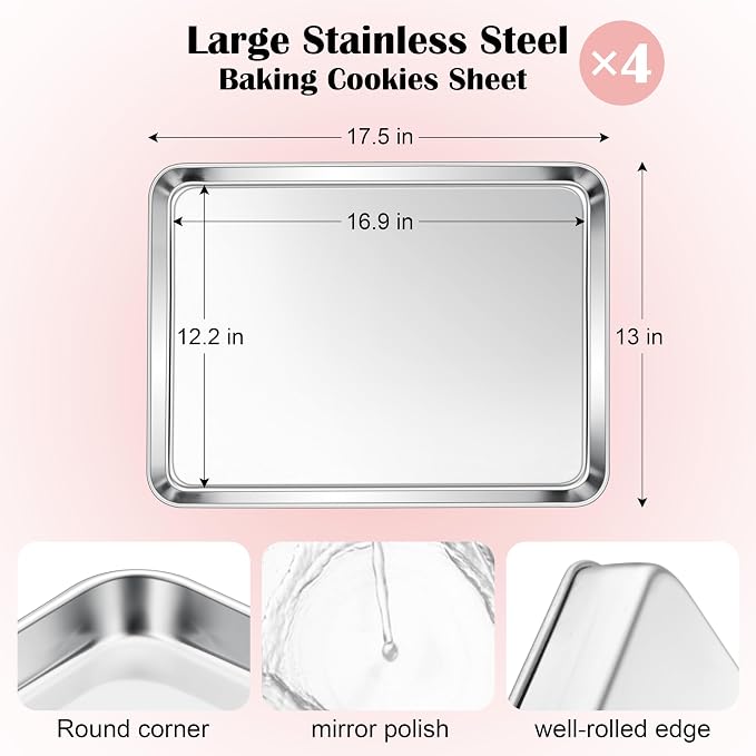 E-far Cookie Sheets Set of 4, 18”x13” Stainless Steel Baking Sheet Pans - Image 2