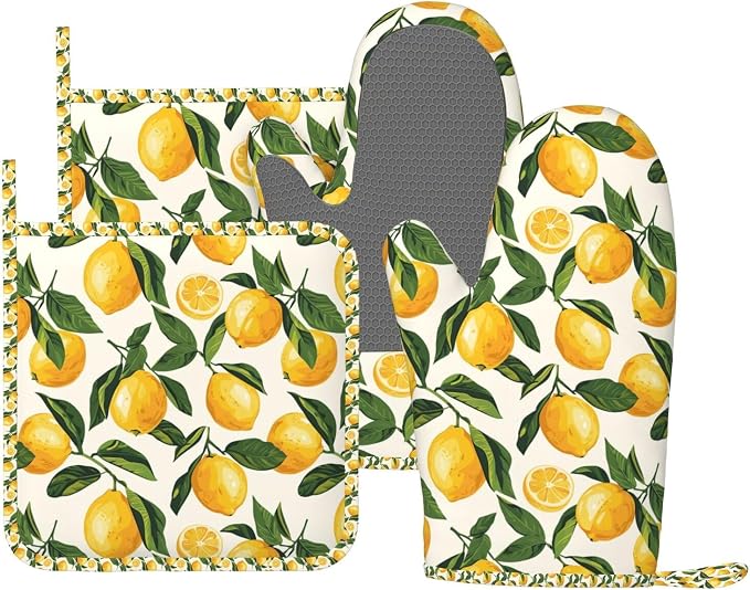 Oven Mitts and Pot Holders Set, Lemon Fruit Watercolor Silicone Kitchen by DADABULIU