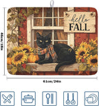 Fall Dish Drying Mat for Kitchen Counter Vintage Autumn Cat Sunflower Pumpkin - Image 2
