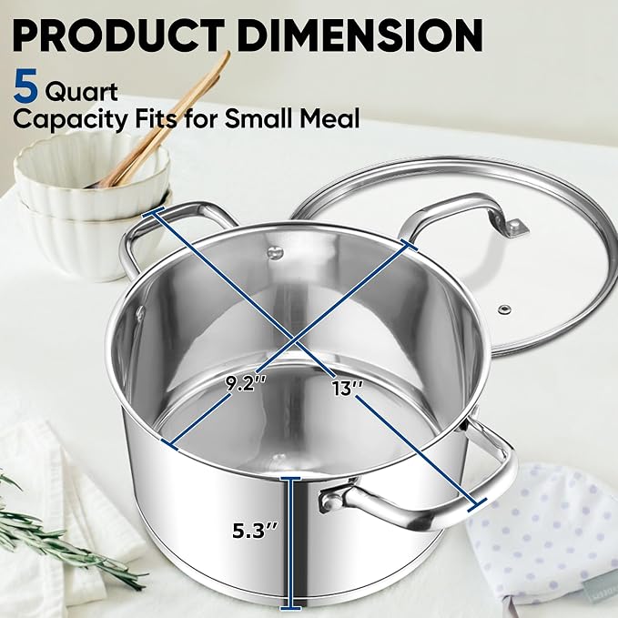 TeamFar 5 QT Stock Pot, Tri-ply Bottom Stainless Steel Stockpot Cooking Soup - Image 2