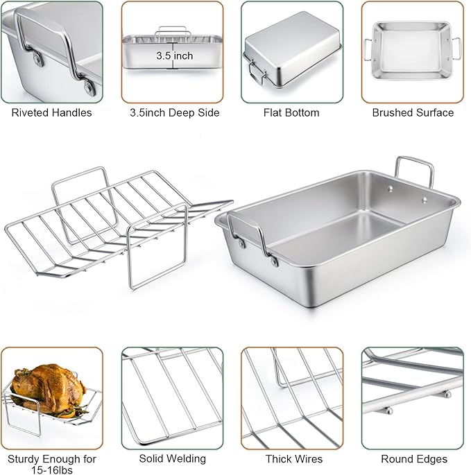 TeamFar Roasting Pan with Rack, 14 Inch Stainless Steel Turkey Roaster Lasagna - Image 5