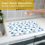 Blue Floral Dish Drying Mat 18x24 inch Flower Leaves Dish Rack Pad Microfiber - Image 7