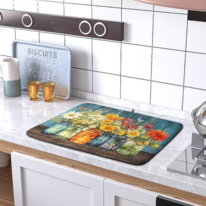Daisy Dish Drying Mat for Kitchen Counter 18x24 Inch Rustic Vintage Flower - Image 5