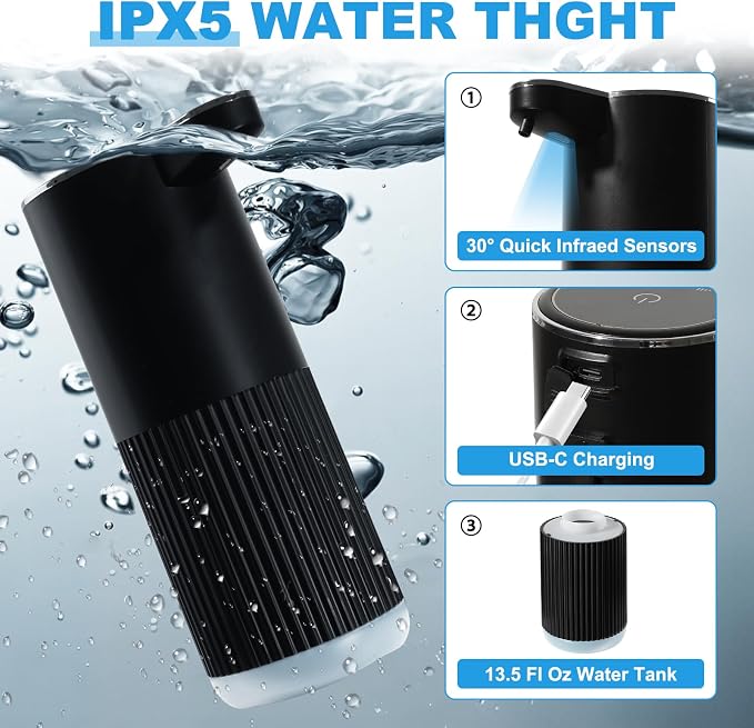 RYTOXILO Automatic Foaming Soap Dispenser, 2 Pack Black Touchless Foam Hand - Image 4