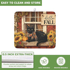 Fall Dish Drying Mat for Kitchen Counter Vintage Autumn Cat Sunflower Pumpkin - Image 5