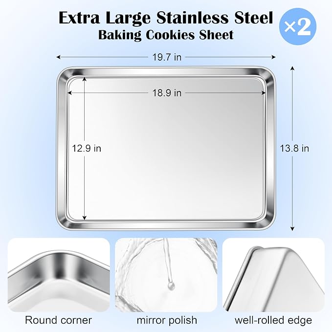 E-far Large Baking Sheets, 20”x14” Stainless Steel Cookie Sheet Pans - Image 2