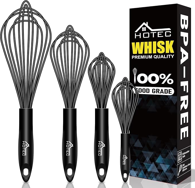 HOTEC 4 Pieces Silicone Whisks Set, Wire Balloon Whisks Egg Beater, Non-slip by Hotec
