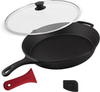 Cuisinel 15" Cast Iron Skillet + Glass Lid Cover + Pan Scraper + Heat-Resistant by Cuisinel