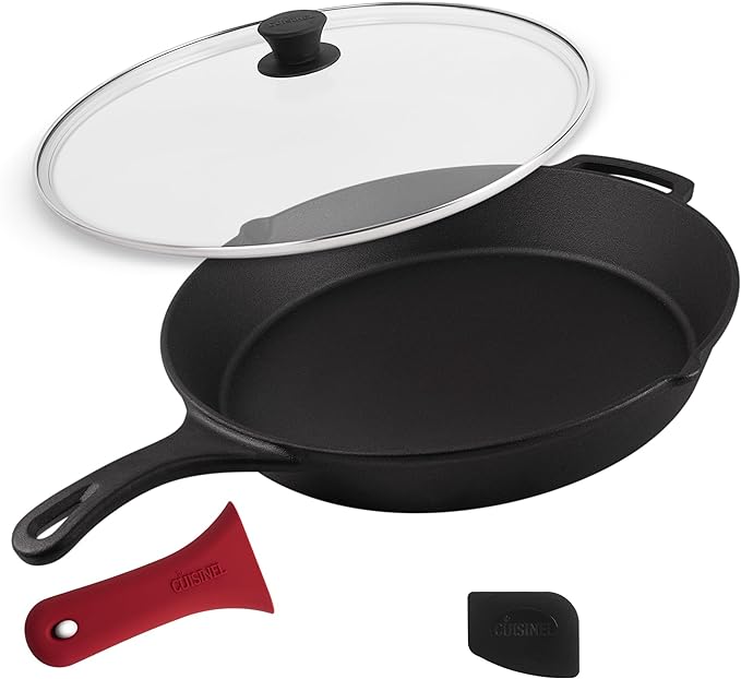 Cuisinel 15" Cast Iron Skillet + Glass Lid Cover + Pan Scraper + Heat-Resistant by Cuisinel