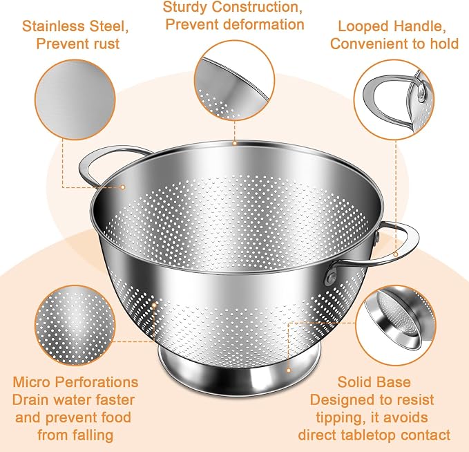 Stainless Steel Colander Set of 3 | Durable Rice and Pasta Strainer - Image 3
