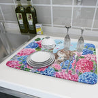 Cute Cat Dish Drying Mats for Kitchen Counter Hydrangea Floral Absorbent Drying - Image 6