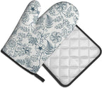 Blue Floral Oven Mitts Set – Vintage Pot Holders Kitchen Gloves - Image 2