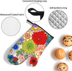 Boho Floral Oven Mitts and Pot Holders Set of 3, Cute Colorful Flowers Heat - Image 5