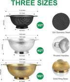 3PCS Three Colors Mix Colander Set, 3QT Black & 4QT Silver & 5QT Gold, - Image 4