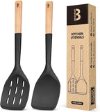 Pack of 2 Silicone Spatula, Non Stick Cooking Utensil Set Wooden Handle Kitchen by BADIANO