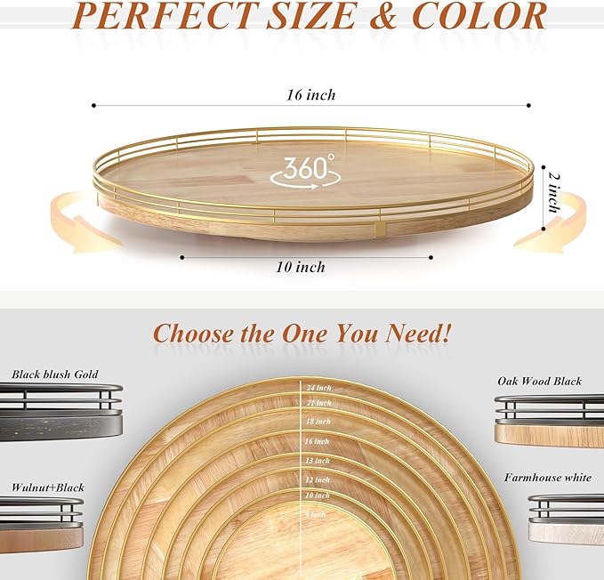 16 Inch Rustic Lazy Susan Turntable – Solid Oak & Iron Wood Rotating Tray - Image 6