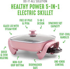 GreenLife12" 5QT Square Electric Skillet, Glass Vented Lid, Ceramic PFAS-Free - Image 3