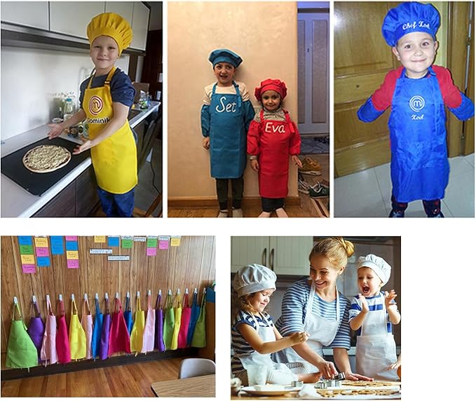 Kids Apron Set Chef Hat Sleeve Outfit Costume Toddler Girl Boy Aprons Cooking - Image 5