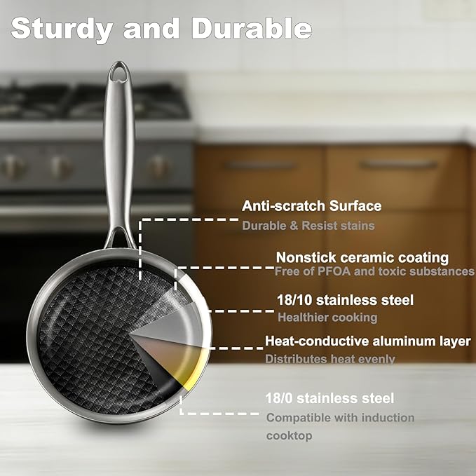 DELARLO 8inch Tri-Ply Stainless Steel Frying Pan - Image 3