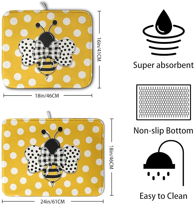 Bee Dish Drying Mat for Kitchen Counter 16x18 Inch Yellow Honey Bees Polka Dots - Image 2