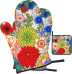 Boho Floral Oven Mitts and Pot Holders Set of 3, Cute Colorful Flowers Heat - Image 2