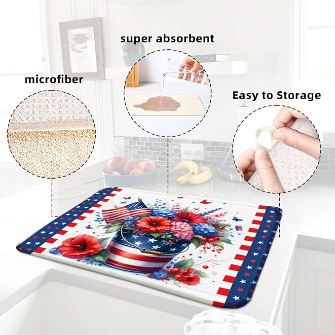 4th of July Dish Drying Mat for Kitchen Counter Independence Day 16''x18'' - Image 5
