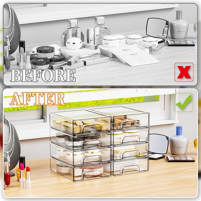 Yieach 8 Pack Small Clear Stackable Storage Drawers, 2.2'' Tall Desk - Image 8