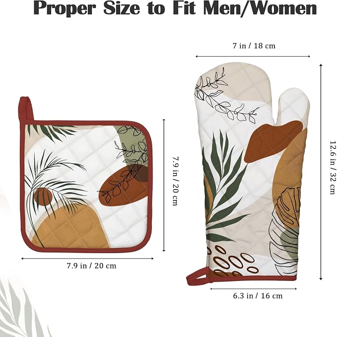 Boho Leaf Oven Mitts and Pot Holders Sets 2Pcs, 100% Cotton Heat Resistant - Image 4